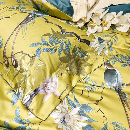 Conjunto de Roupas de Cama Pássaros Japoneses em Algodão Egípcio 600 Fios - 4 Peças