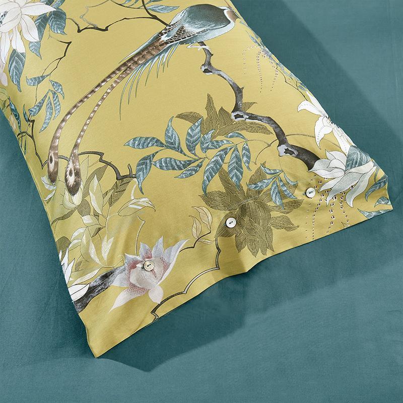 Conjunto de Roupas de Cama Pássaros Japoneses em Algodão Egípcio 600 Fios - 4 Peças