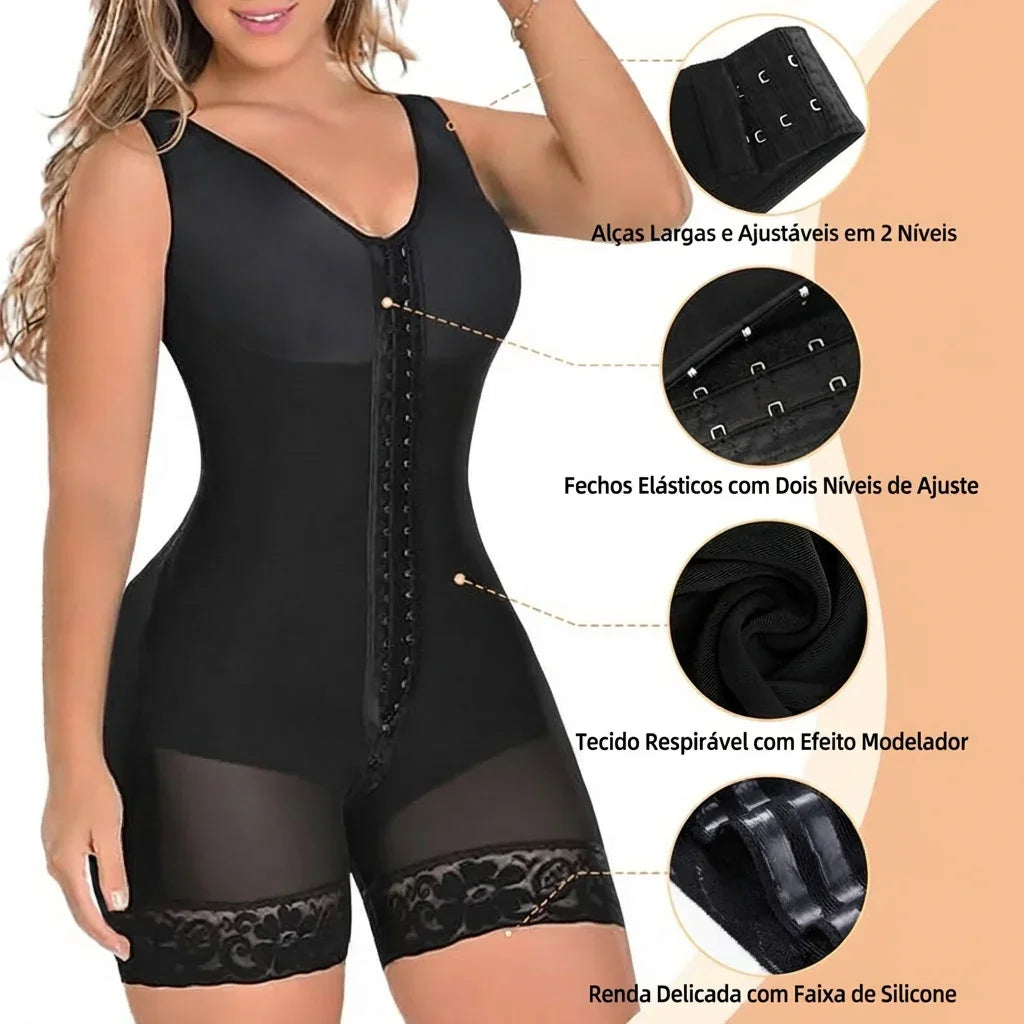 Body Modelador Maeva™ com Compressão 360°, Ajuste Frontal Inteligente e Renda Antideslizante!