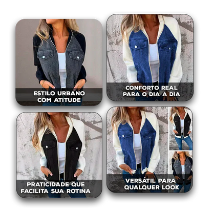 Jaqueta UrbanMix™ com Visual Jeans e Mangas Contrastantes / O Look Perfeito para o Seu Estilo Despojado e Confortável!