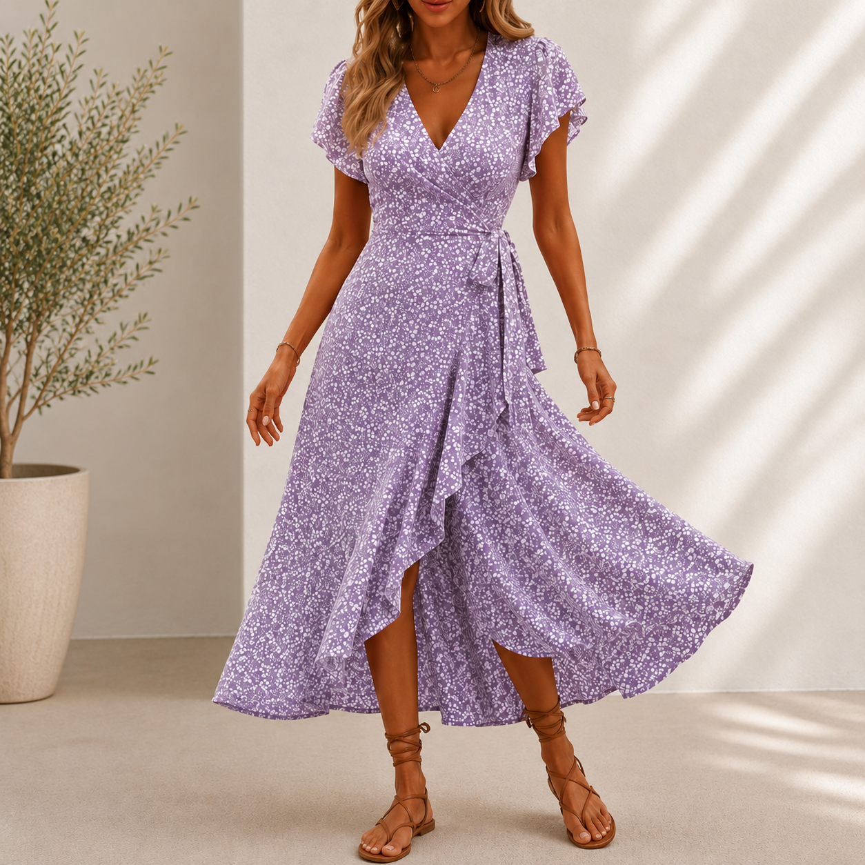Vestido Midi Floris™ Com Estampa Floral, Saia Evasê Transpassada e Decote em V