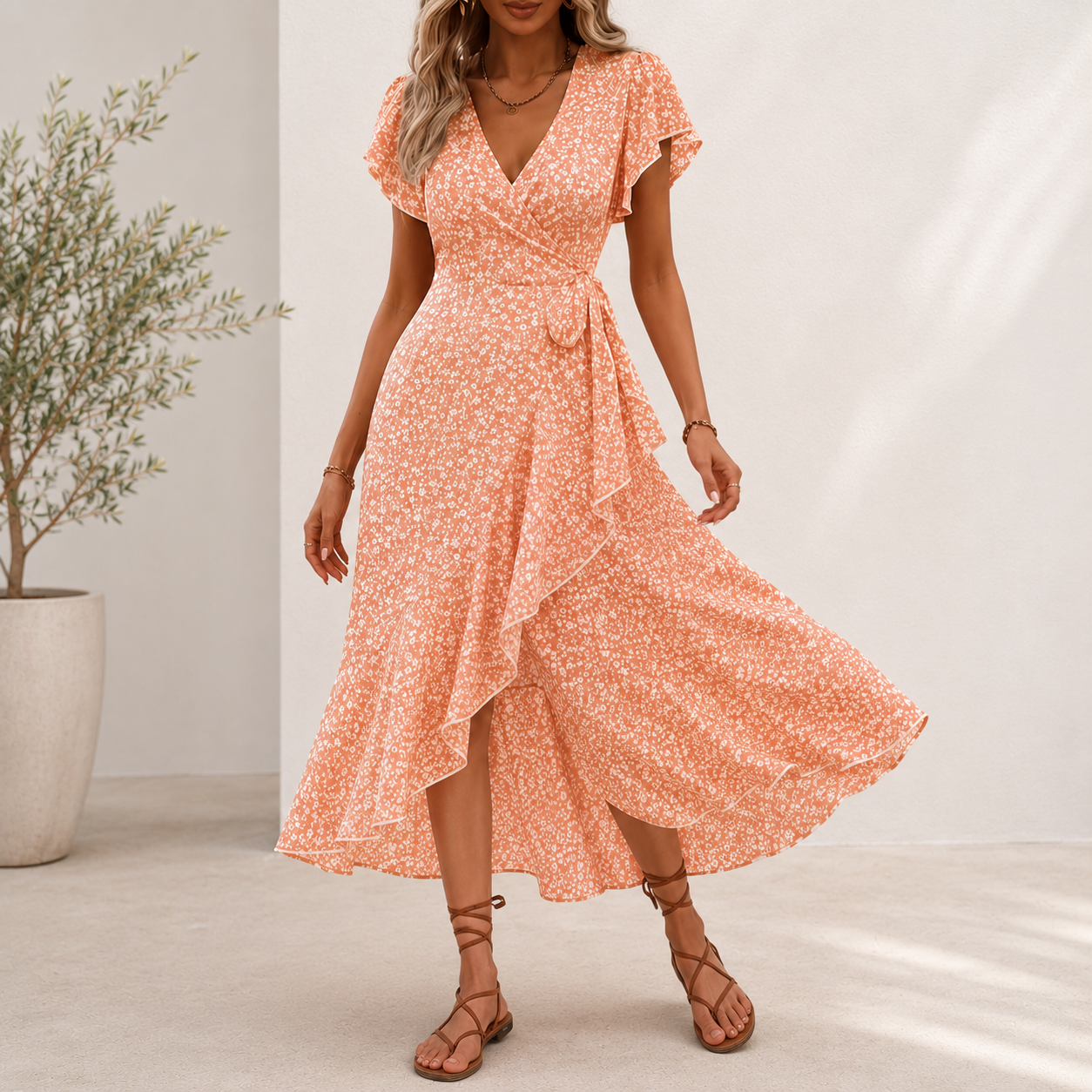 Vestido Midi Floris™ Com Estampa Floral, Saia Evasê Transpassada e Decote em V
