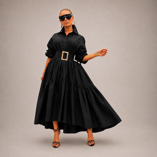 Vestido Midi Lorenne™ Com Modelagem Evasê e Saia em Camadas