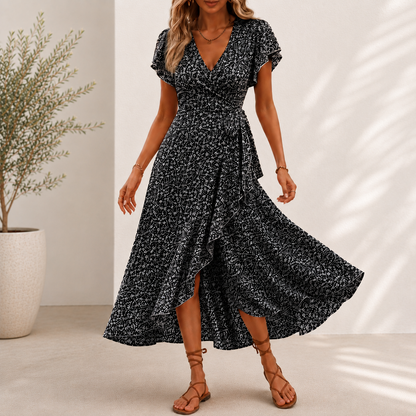 Vestido Midi Floris™ Com Estampa Floral, Saia Evasê Transpassada e Decote em V
