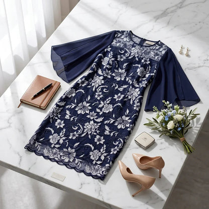 Vestido Midi Diana™ com Floral Branco e Manga Estilo Capa Translúcida