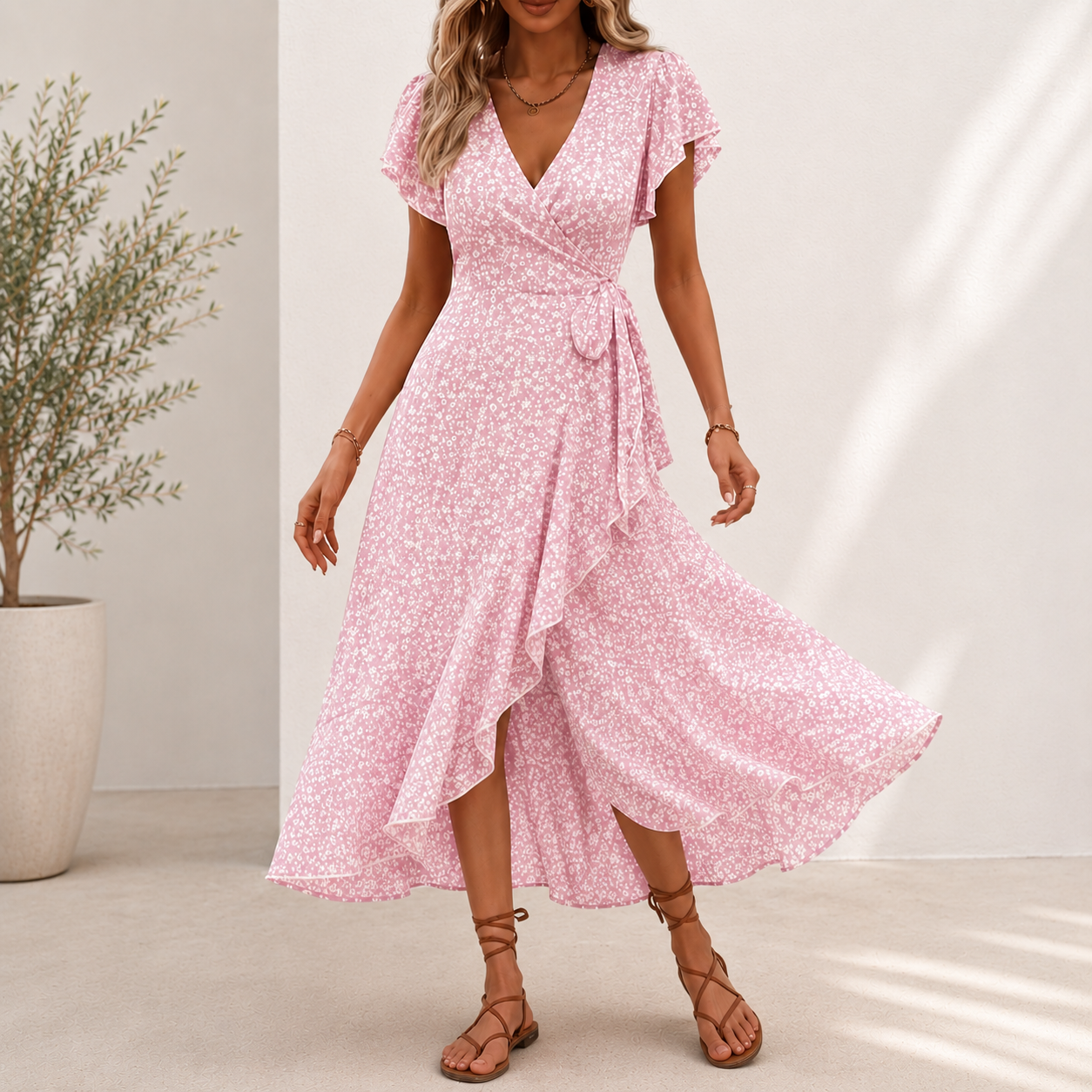 Vestido Midi Floris™ Com Estampa Floral, Saia Evasê Transpassada e Decote em V