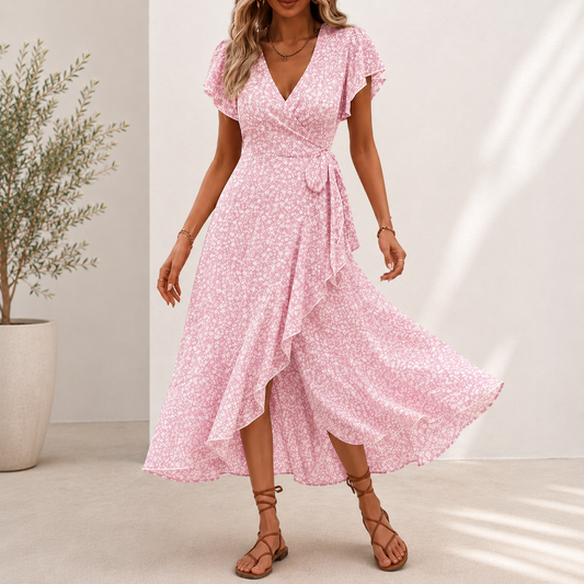 Vestido Midi Floris™ Com Estampa Floral, Saia Evasê Transpassada e Decote em V