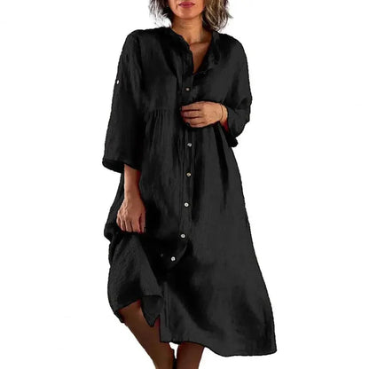 [COMPRE 1 E LEVE 2] Vestido Savannah Breeze™ em Linho de Algodão com Botões Frontais / Elegância Tropical com Leveza e Sofisticação!