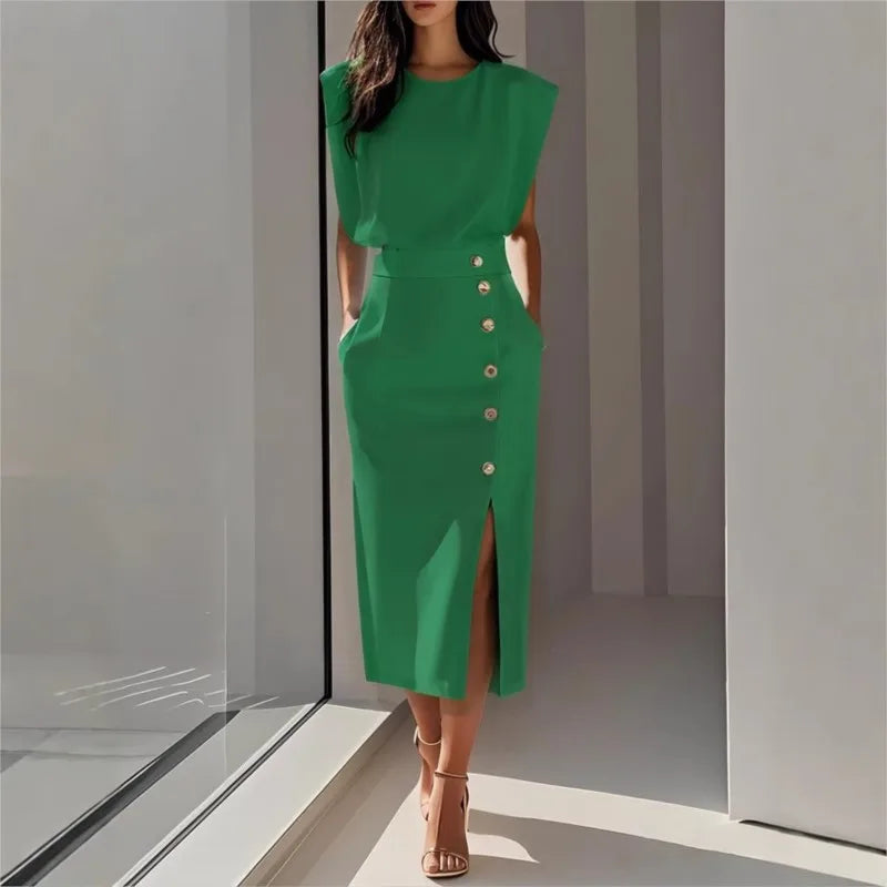 Vestido Maelle™ Midi com Ombros Estruturados, Botões Chiques e Fenda Frontal / Presença Elegante Para Ocasiões Marcantes
