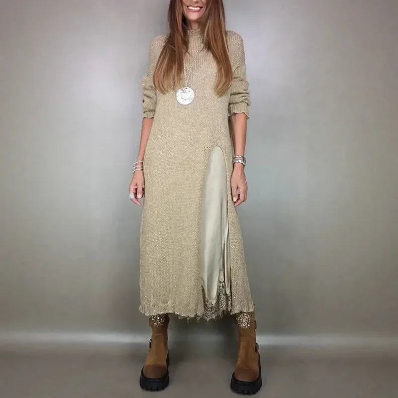 Conjunto Valérie™ de Vestido Acetinado com Babados e Sobreposição Longa com Fenda