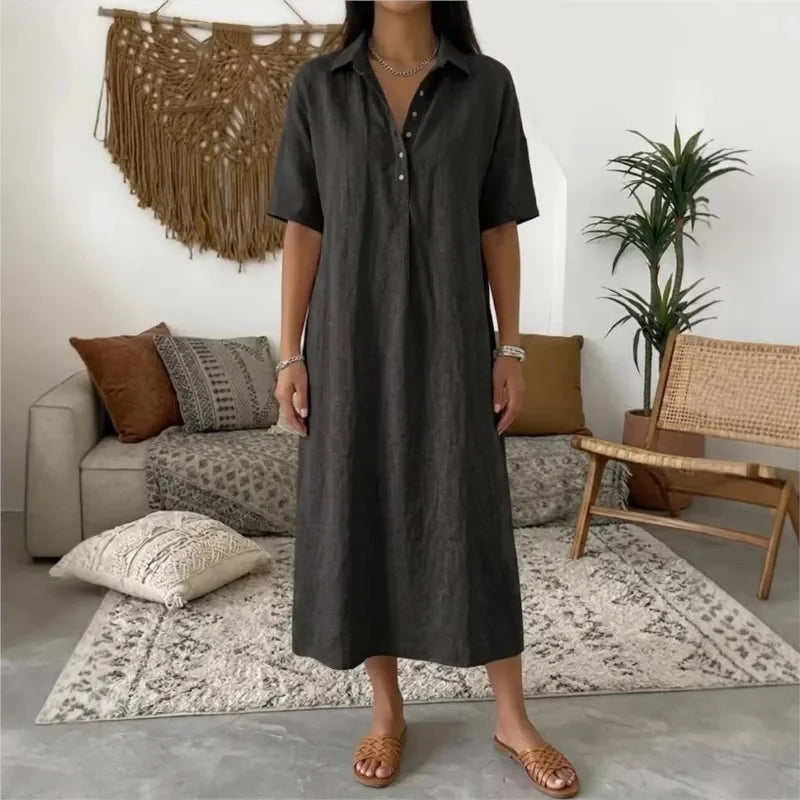 Vestido Bianca™ em Linho com Colarinho Clássico e Botões Frontais