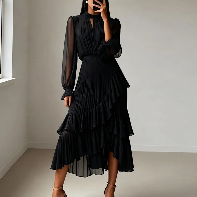 Vestido Lioren™ com Plissado Sofisticado e Babados Assimétricos