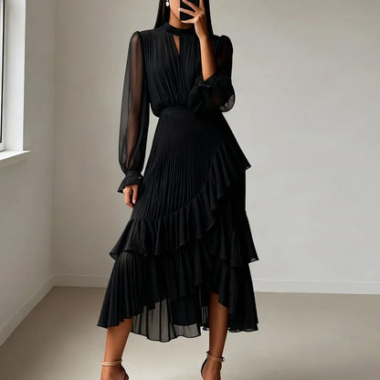 Vestido Lioren™ com Plissado Sofisticado e Babados Assimétricos