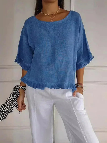 [BLACK FRIDAY - COMPRE 2 E LEVE 3] Blusinha Bellatriz™ com Babado e Caimento Solto em Algodão/ Conforto e Estilo para Mulheres Modernas!