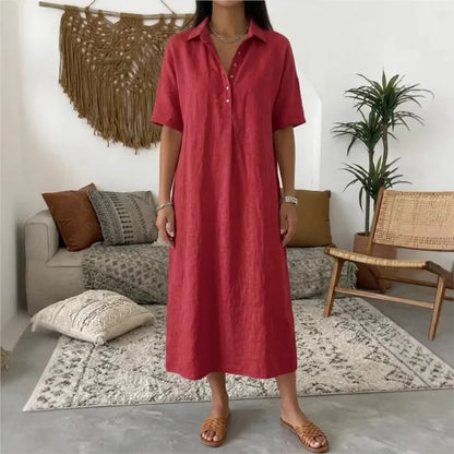 Vestido Bianca™ em Linho com Colarinho Clássico e Botões Frontais