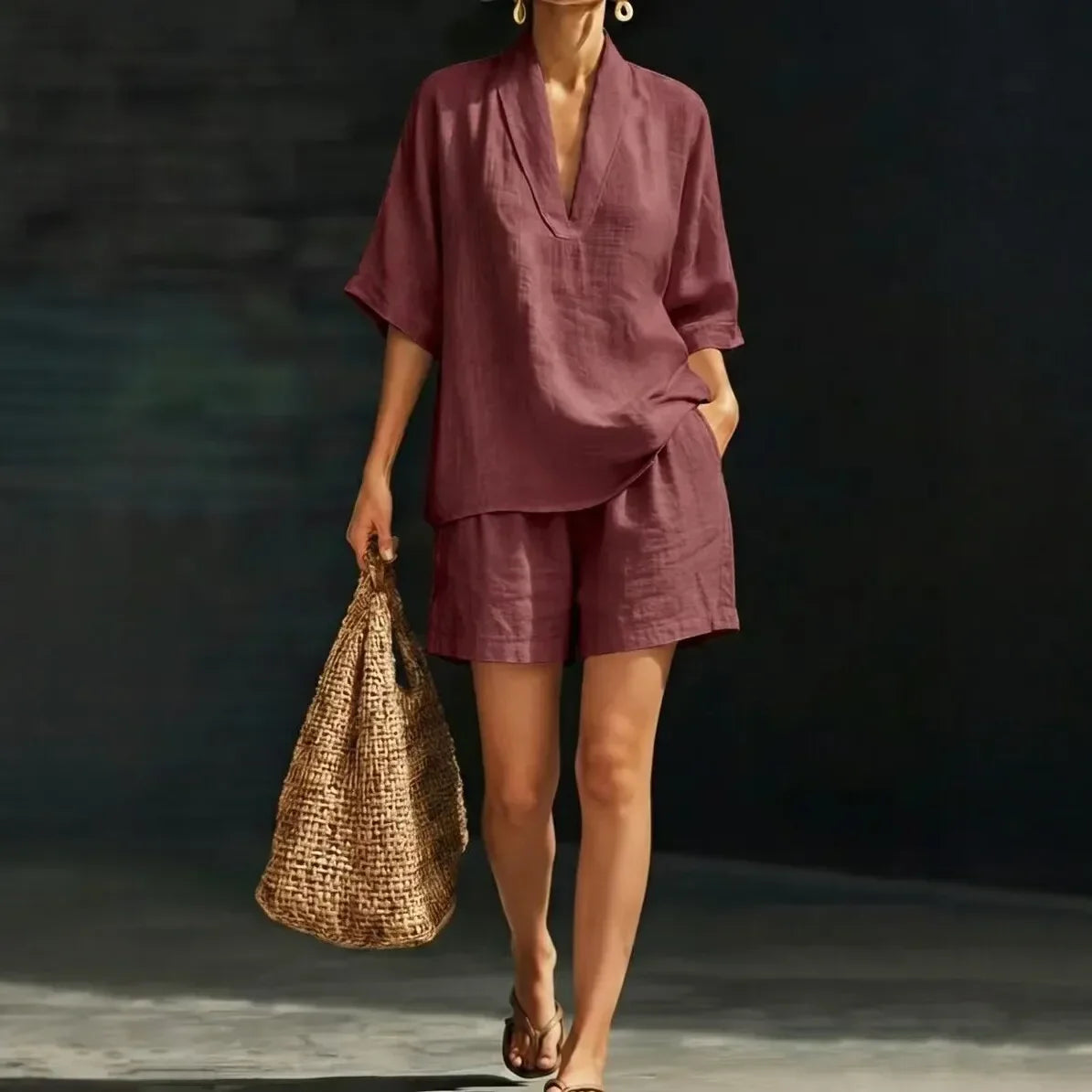 Conjunto Ayla™ em Linho de Algodão e Blusa com Decote V
