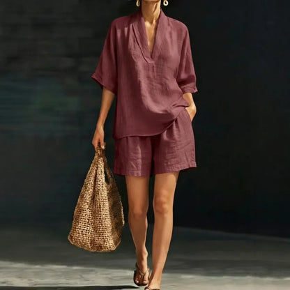 Conjunto Ayla™ em Linho de Algodão e Blusa com Decote V