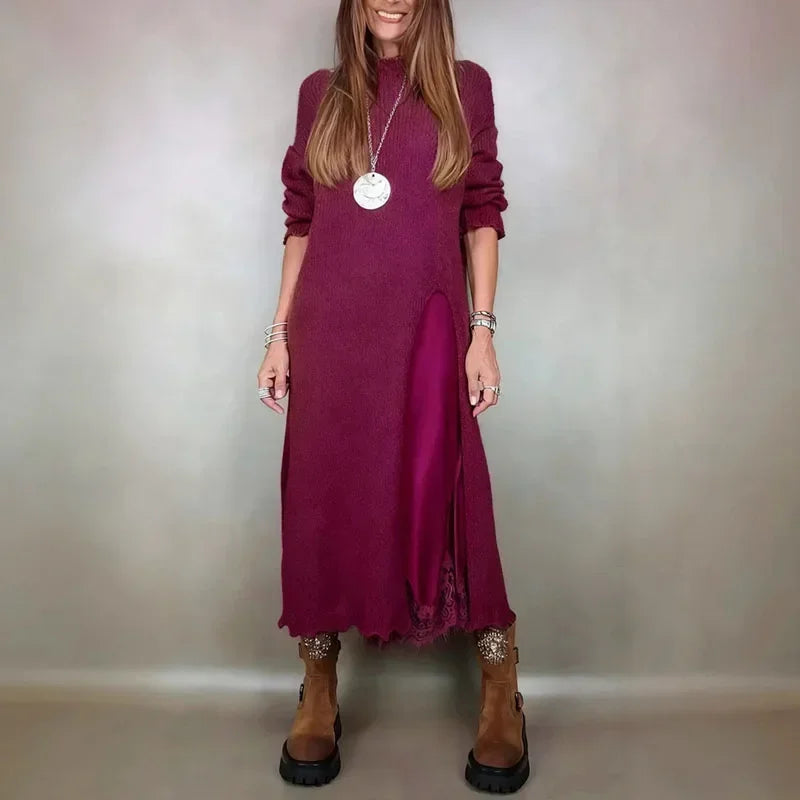 Conjunto Valérie™ de Vestido Acetinado com Babados e Sobreposição Longa com Fenda