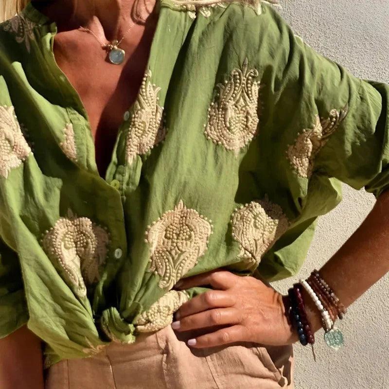 Camisa Palace™ em Algodão com Estampas Barrocas Bordadas em Dourado / A Sofisticação da Moda Europeia no Seu Estilo!