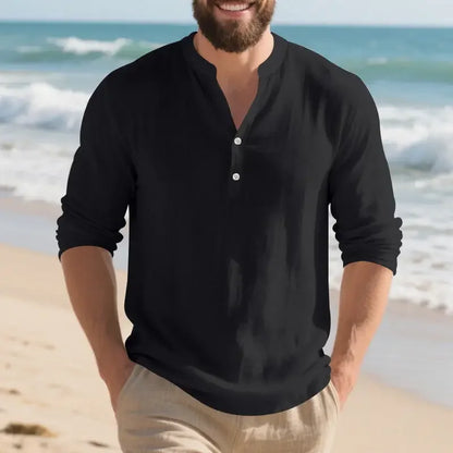 Camisa Orvian™ em Linho Premium com Gola Henley minimalista
