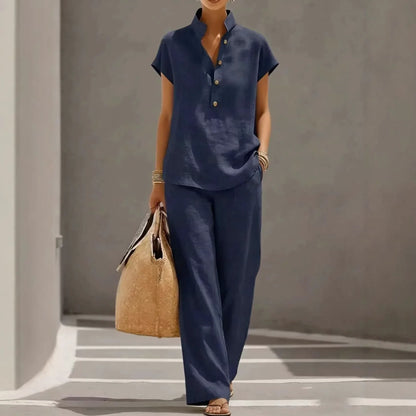Conjunto Marelisse™ em Linho de Algodão Com Blusa Solta e Pantalona Fluida
