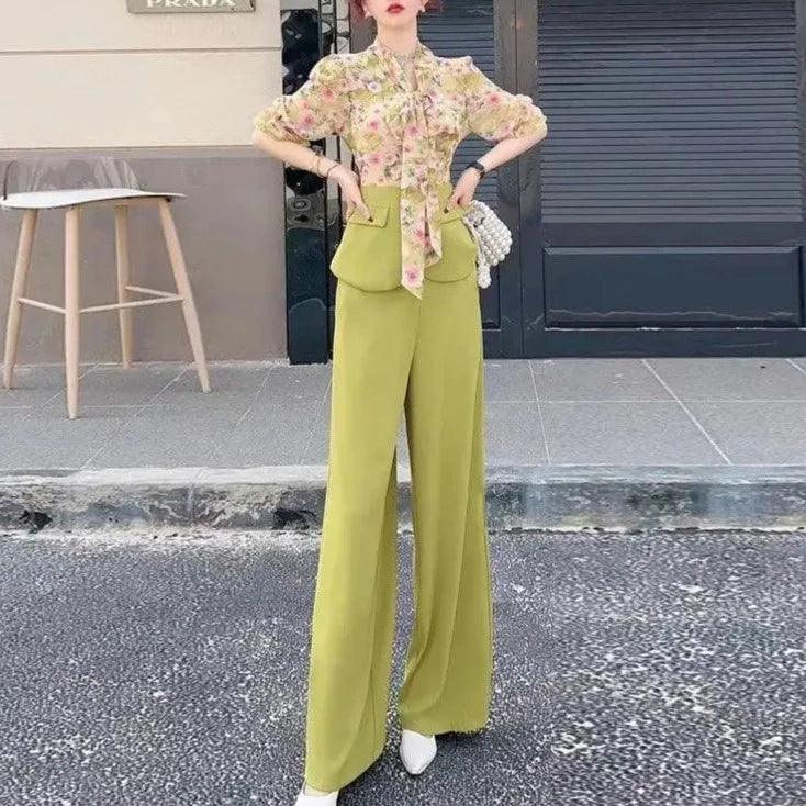 Conjunto Floribella™ em Chiffon com Blusa Floral + Calça Palazzo / O Look Que Deixa Qualquer Mulher Exalando Elegancia e Glamour!