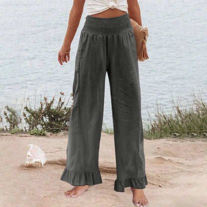 Calça Amaris™ em Linho com Algodão, Cintura Alta Modeladora e Babados Delicados