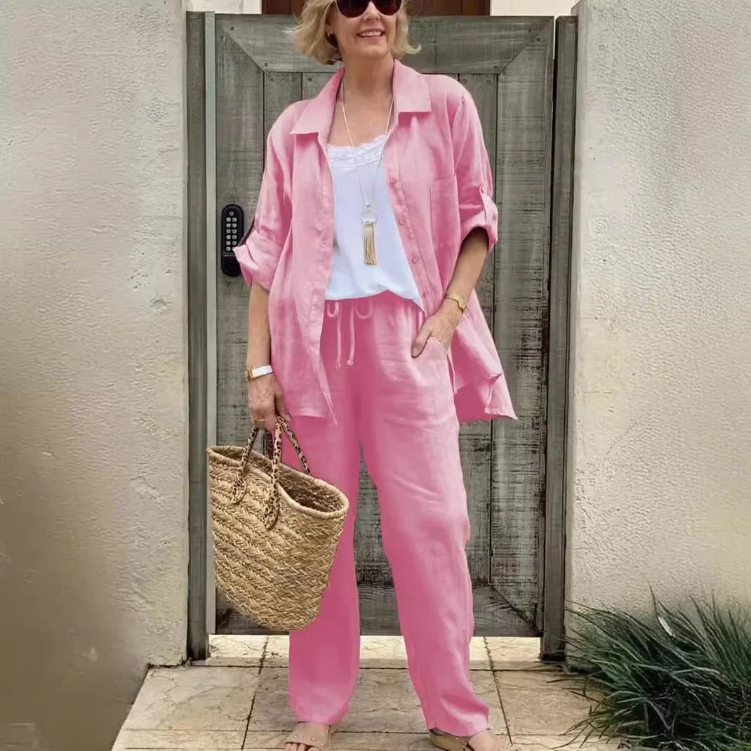 Conjunto Yasmine™ em Linho de Algodão e Camisa de Botões com Manga Ajustável