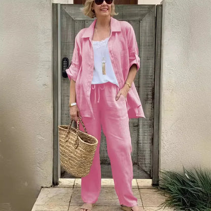 Conjunto Yasmine™ em Linho de Algodão e Camisa de Botões com Manga Ajustável