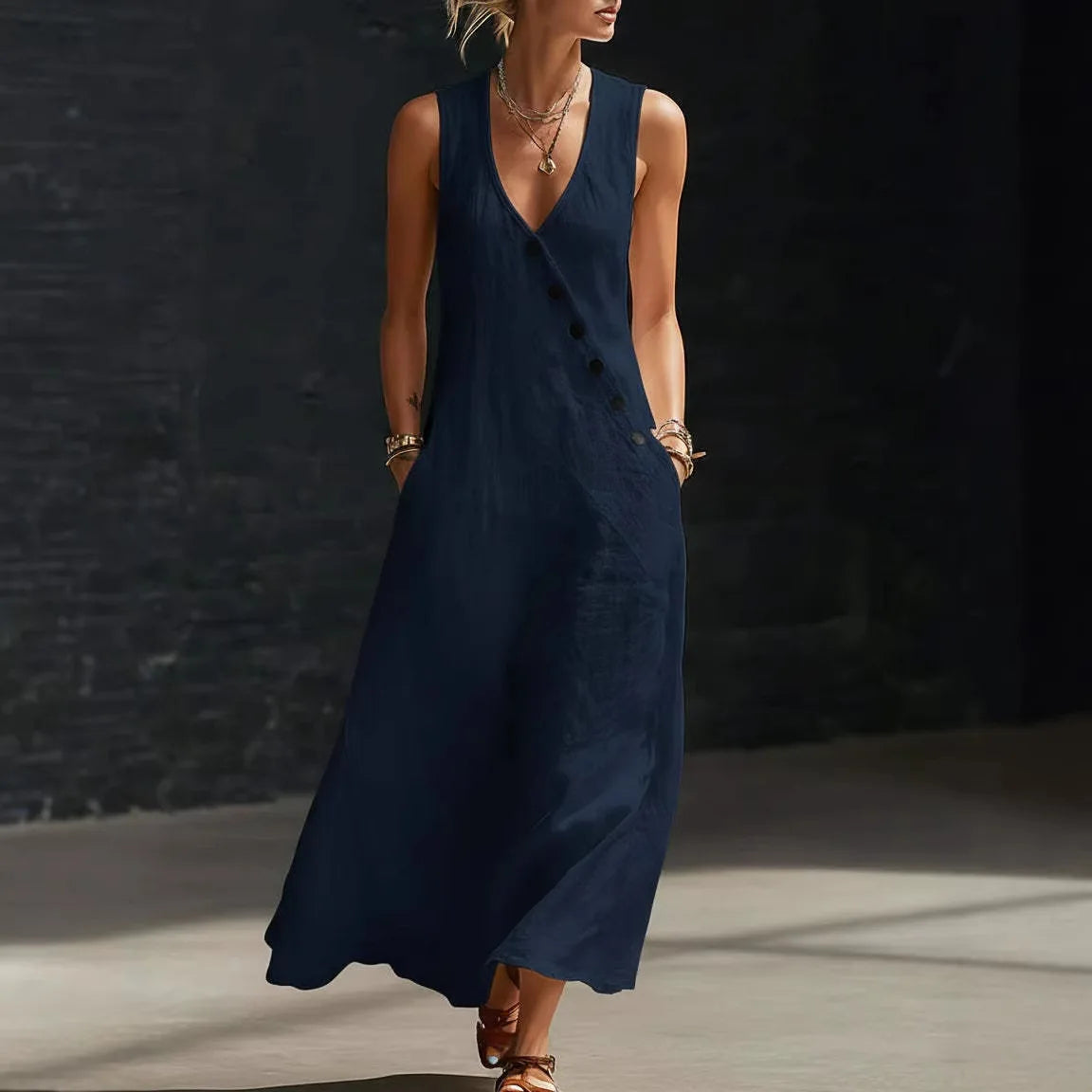 Vestido Midi Antonella™ com Botões Elegantes e Decote em V