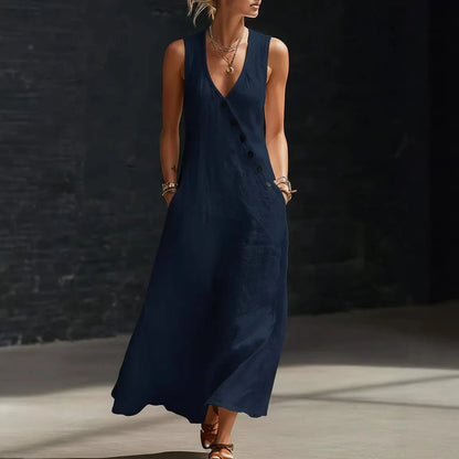 Vestido Midi Antonella™ com Botões Elegantes e Decote em V