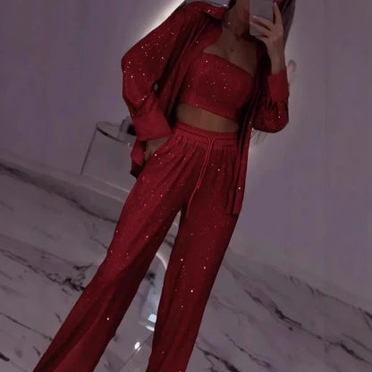 Conjunto Midnight™ com Pantalona, Top e Camisa Brilhante / O Glamour Moderno em Movimento!