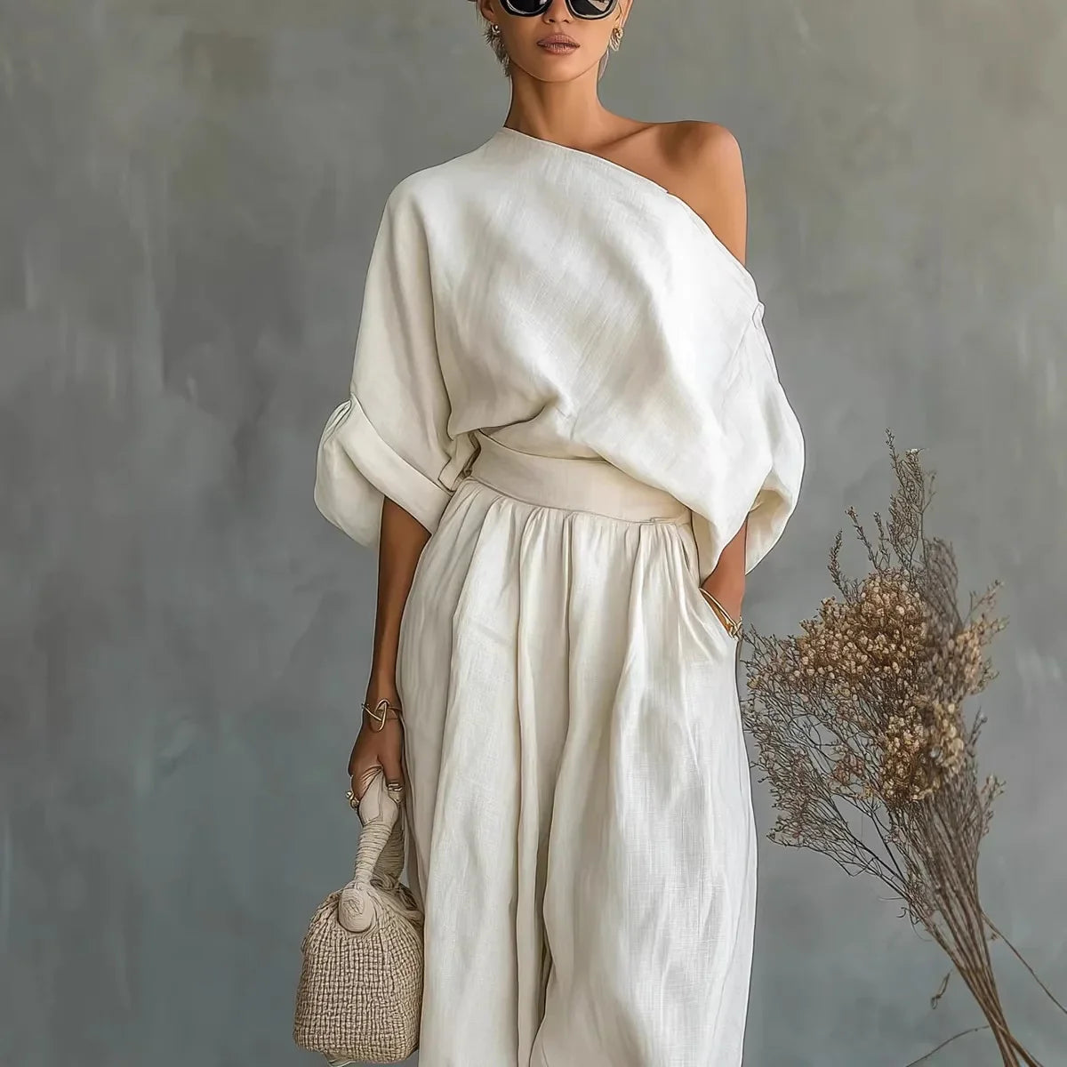 Conjunto Linnea™ com Blusa de Um Ombro Só e Calça Cintura Alta com Punho na Barra