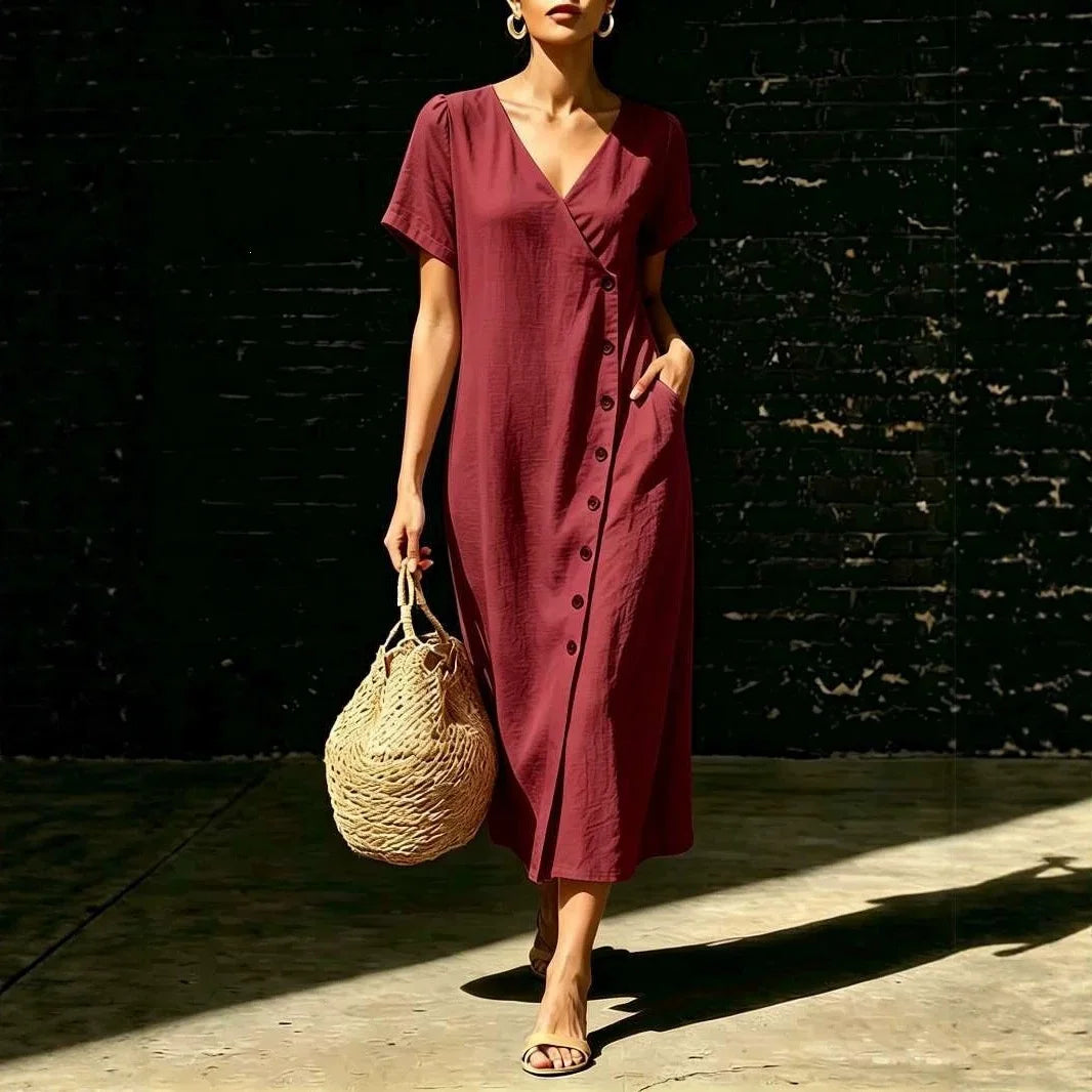 Vestido Midi Clarisa™ Com Decote em V e Botões Chiques / Um Visual Sofisticado Sem Esforço