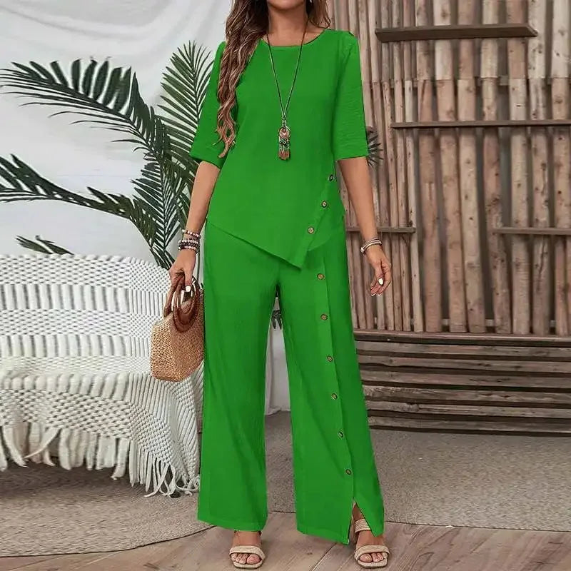 Conjunto Celinor™ Com Blusa Fluida e Calça Pantalona