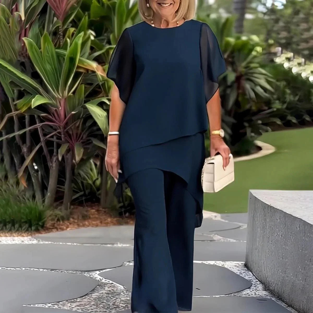 Conjunto Giorgia™ Blusa com Sobreposição em Camadas e Calça Minimalista