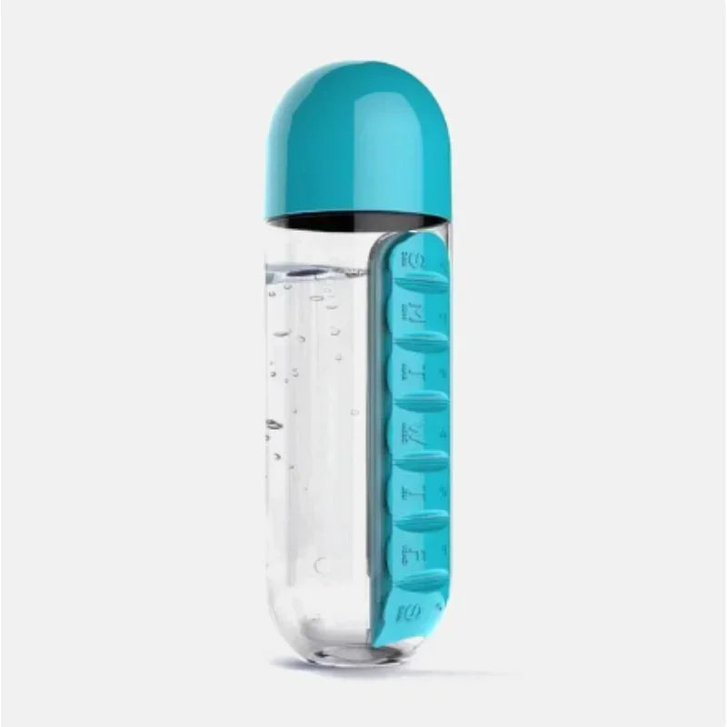 Garrafa AquaOrganize™ com Compartimentos para Remédios e Suplementos / Cuide da Sua Saúde com Estilo e Facilidade!