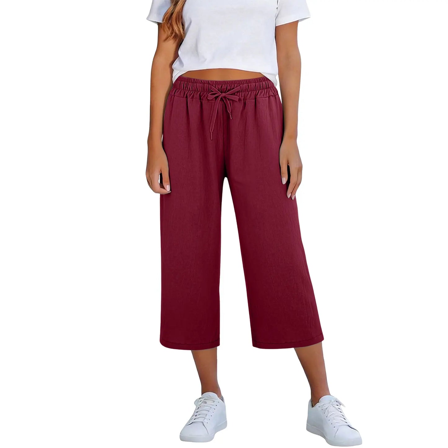 Calça Lisia™ Pantacourt em Linho de Algodão com Cintura Elástica e Cordão Ajustável / Conforto Leve Para Usar Todos Os Dias!