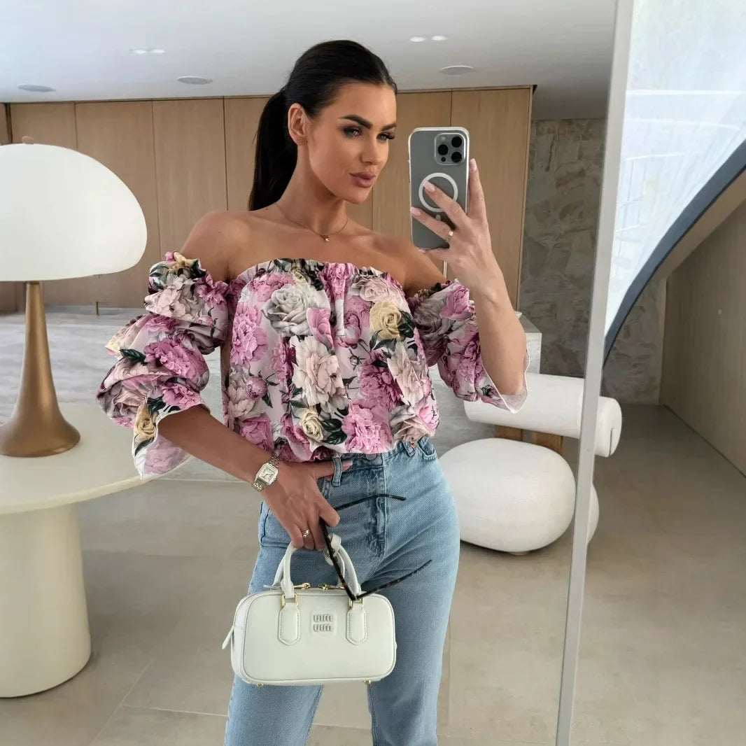 Blusa Florenze™  Ombro a Ombro com Design Floral Elegante