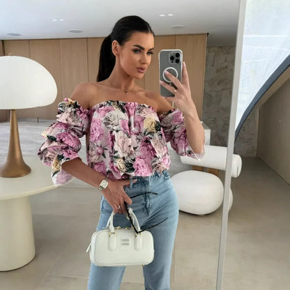 Blusa Florenze™  Ombro a Ombro com Design Floral Elegante
