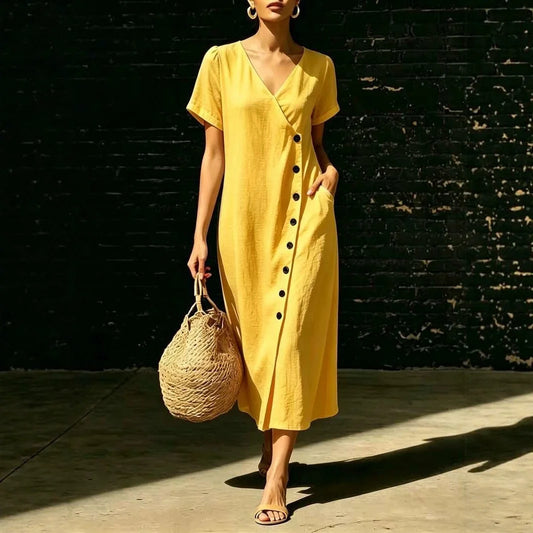 Vestido Midi Clarisa™ Com Decote em V e Botões Chiques / Um Visual Sofisticado Sem Esforço