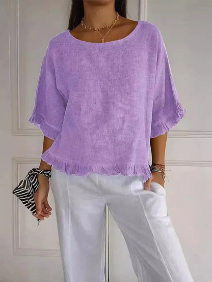 [BLACK FRIDAY - COMPRE 2 E LEVE 3] Blusinha Bellatriz™ com Babado e Caimento Solto em Algodão/ Conforto e Estilo para Mulheres Modernas!