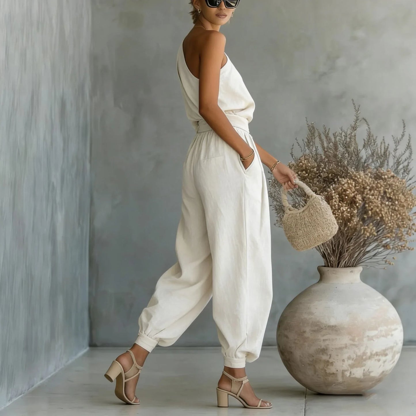 Conjunto Linnea™ com Blusa de Um Ombro Só e Calça Cintura Alta com Punho na Barra
