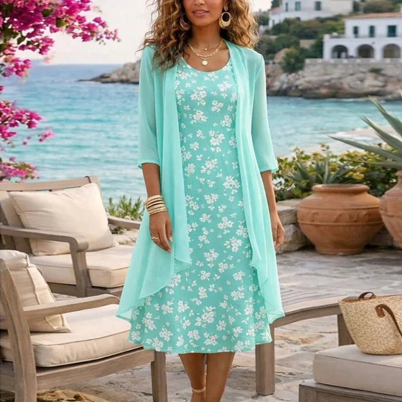 Conjunto Lorenza™ com Vestido Floral Charmoso e Cardigan Leve / Elegância Romântica Para Dias Especiais!