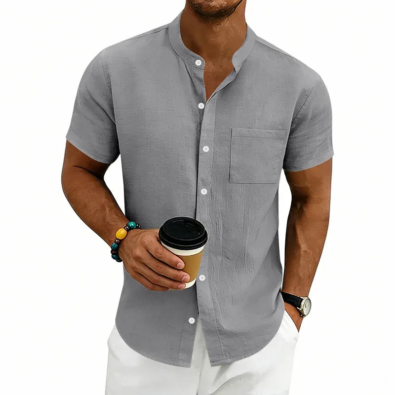 [COMPRE 1 E LEVE 2] Camisa Montese™ Em Linho de Algodão Com Gola Mandarim