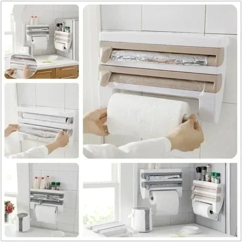 Organizador de Rolos Modern House™  Com Suportes e Cortador Integrado / Organização e Praticidade Sem Furos na Sua Cozinha!