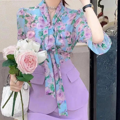 Conjunto Floribella™ em Chiffon com Blusa Floral + Calça Palazzo / O Look Que Deixa Qualquer Mulher Exalando Elegancia e Glamour!