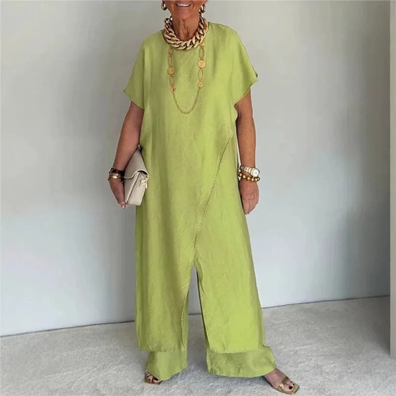 Conjunto Aurenya™ Com Túnica Assimétrica e Pantalona Fluida