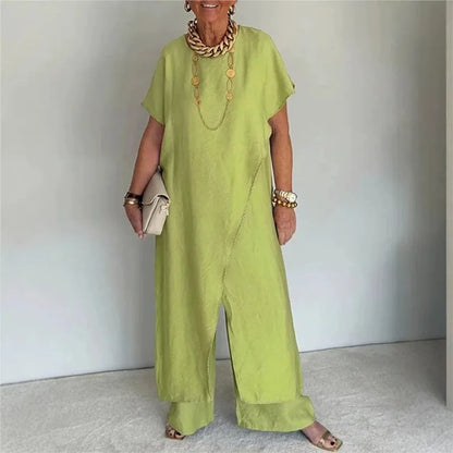 Conjunto Aurenya™ Com Túnica Assimétrica e Pantalona Fluida