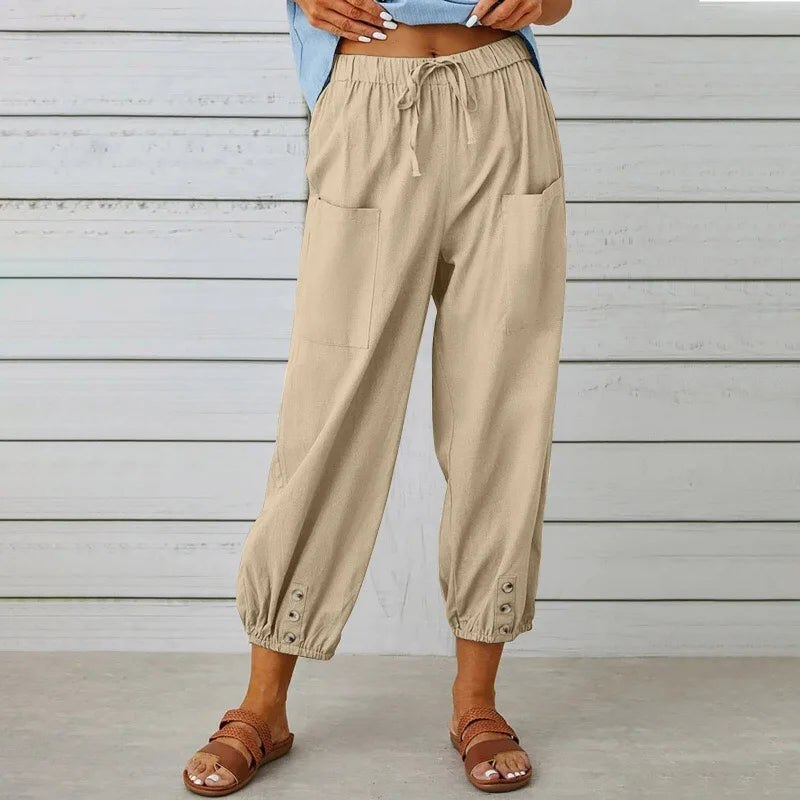[COMPRE 1 E LEVE 2] Calça Kobe™ em Linho de Algodão com Bolsos Frontais e Cordão Ajustável